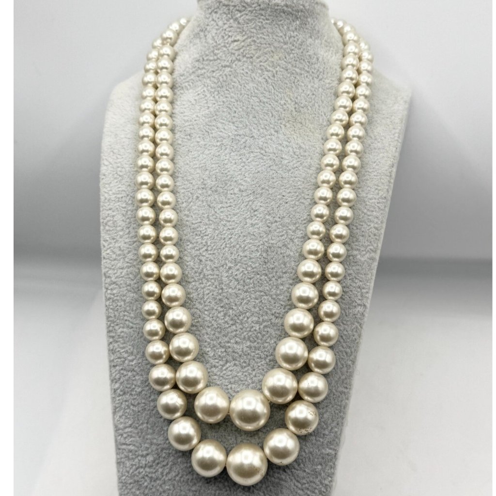 Vintage Japan Faux Pearl Graduating Beaded Double Strand Necklace